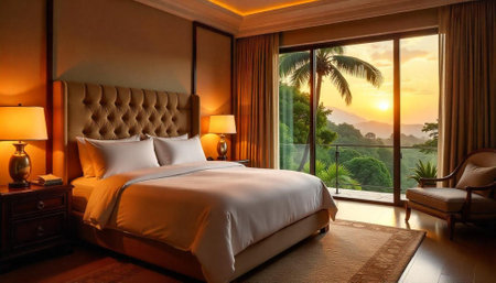 Luxury hotel suite showcasing sunset view with plush beddingの写真素材