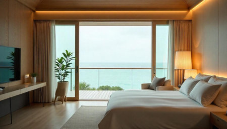 Elegant bedroom with ocean view and contemporary design details
