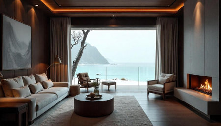 Luxury interior with sea view and modern fireplace designの写真素材