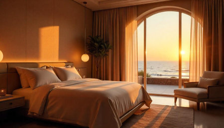 Coastal bedroom interior with sunrise view through arched windowの写真素材