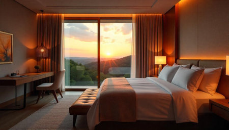 Luxury hotel room with sunset view and modern decorの写真素材