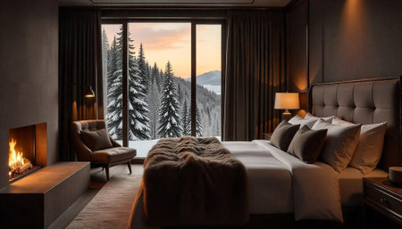 Cozy bedroom with fireplace and winter forest view