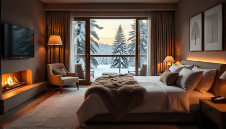 Luxurious bedroom retreat with snowy mountain view at sunsetの写真素材