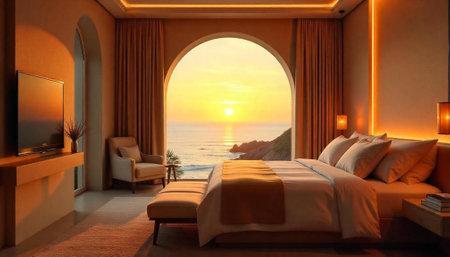 Luxurious bedroom interior featuring stunning sunrise ocean viewの写真素材