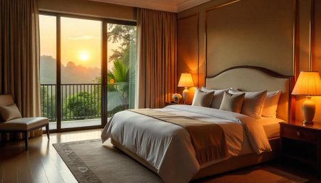 Luxury bedroom with sunset view from private balconyの写真素材