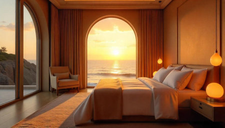 Luxury bedroom overlooking ocean at sunset with arched windowsの写真素材