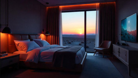 Modern bedroom interior with desert view at dusk sunsetの写真素材