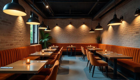 Stylish restaurant interior with orange seating and pendant lightingの写真素材