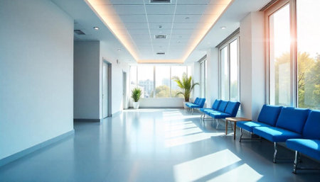 Bright, modern waiting area with blue seating and natural lightの写真素材