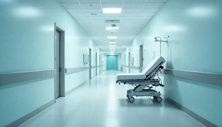 Hospital hallway with empty gurney evokes sterile environmentの写真素材