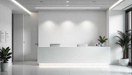 Clean modern office reception area in white tonesの写真素材