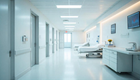 Empty hospital corridor with beds and medical equipmentの写真素材