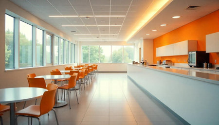Bright modern cafeteria with orange chairs and natural light