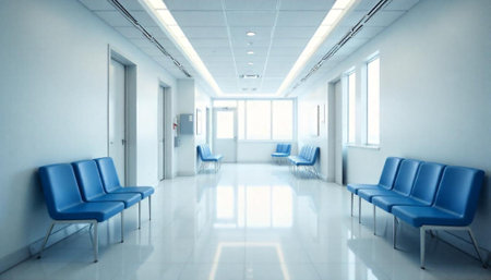 Bright hospital hallway with blue chairs and tiled floorの写真素材