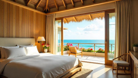 Ocean view bedroom with balcony and natural elementsの写真素材