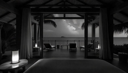 Luxury beachfront villa with ocean view at nightの写真素材