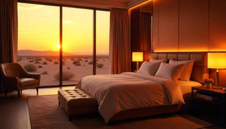 Luxurious desert view bedroom at sunset creates calmの写真素材