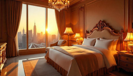 Luxury hotel suite with city view at sunriseの写真素材