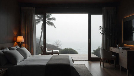 Coastal hotel room with ocean view in muted tones