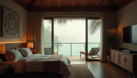 Luxury bedroom with ocean view and balcony retreatの写真素材