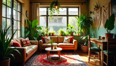 Cozy living room filled with natural light and plantsの写真素材