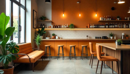 Warm toned cafe interior with bar seating and loungeの写真素材