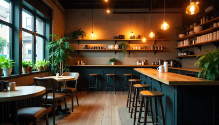 Inviting cafe interior with warm lighting and wooden accents