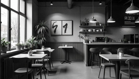 Monochromatic coffee shop interior with tables, chairs and plantsの写真素材