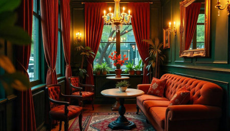 Cozy living room with vintage furniture and warm tonesの写真素材