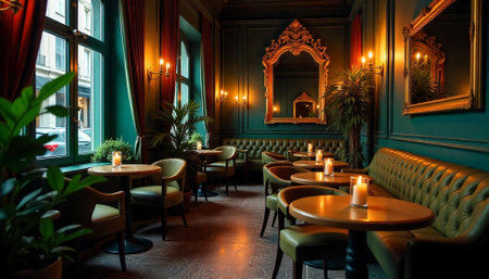 Elegant bar interior featuring dark green hues and candlesの写真素材
