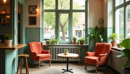 Cozy cafe lounge area with vintage furniture and plantsの写真素材