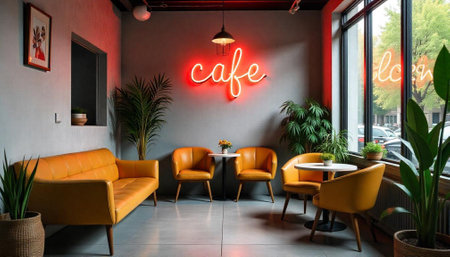 Stylish cafe interior with yellow furniture and neon signの写真素材