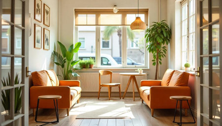 Bright living room featuring stylish furniture and natural lightの写真素材