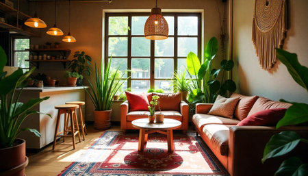 Bright, bohemian living room featuring plants and natural lightの写真素材