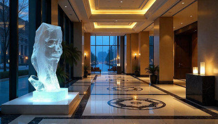 Contemporary hotel lobby featuring ice sculpture and marble flooringの写真素材