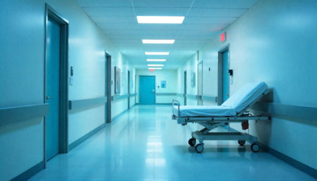 Sterile Hospital Corridor with Empty Gurney Under Fluorescent Lightsの写真素材