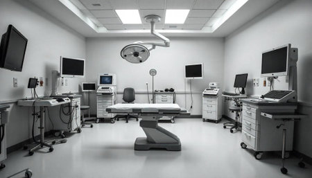 Modern surgery room with operating table and medical equipmentの写真素材