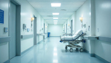 Empty hospital corridor with a bed in the foregroundの写真素材