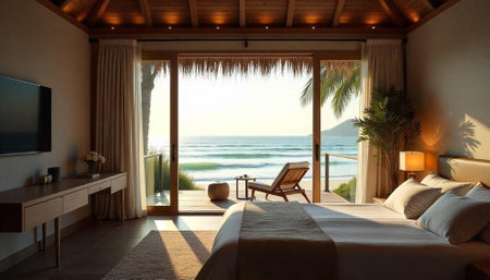 Luxury Beachfront Villa Bedroom with Ocean View and Tropical Decorの写真素材