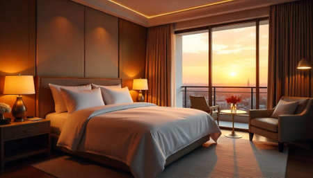 Elegant bedroom bathed in golden sunset light with balconyの写真素材