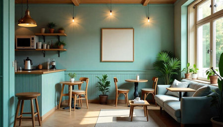 Cozy cafe interior with blank frame and teal walls