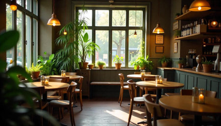 Cozy cafe interior with tables, plants and warm lightingの写真素材