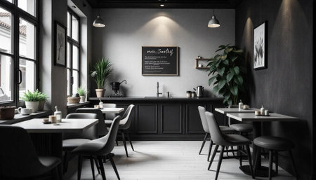 Elegant modern cafe interior with minimalist design elementsの写真素材