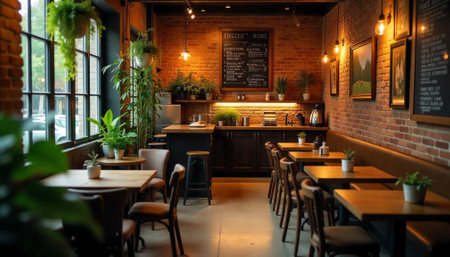 Cozy cafe interior with plants, brick walls, and woodの写真素材
