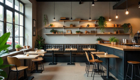Chic cafe interior with rustic shelves and cozy ambiance