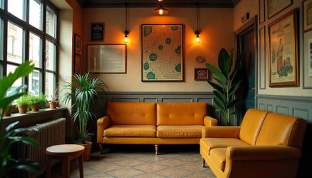 Cozy waiting room with yellow sofas and muted lightingの写真素材