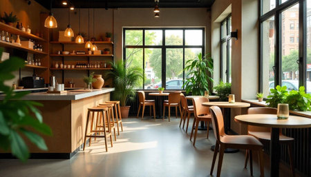 Inviting cafe interior with bar seating and natural lightの写真素材
