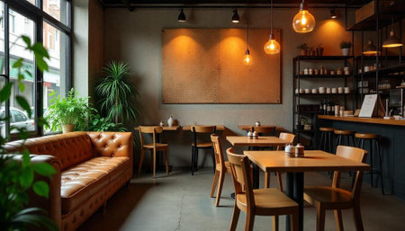 Inviting cafe interior with natural light and cozy seating