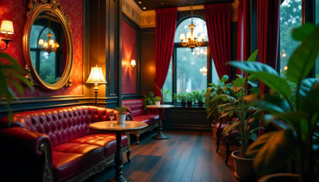 Elegant Victorian style lounge interior with warm lightingの写真素材