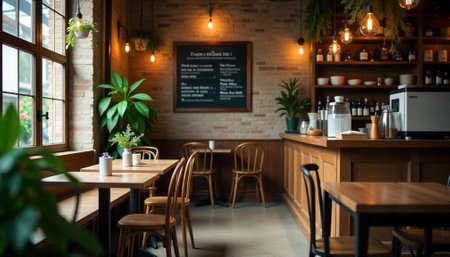 Cozy cafe interior with wooden tables and soft lighting